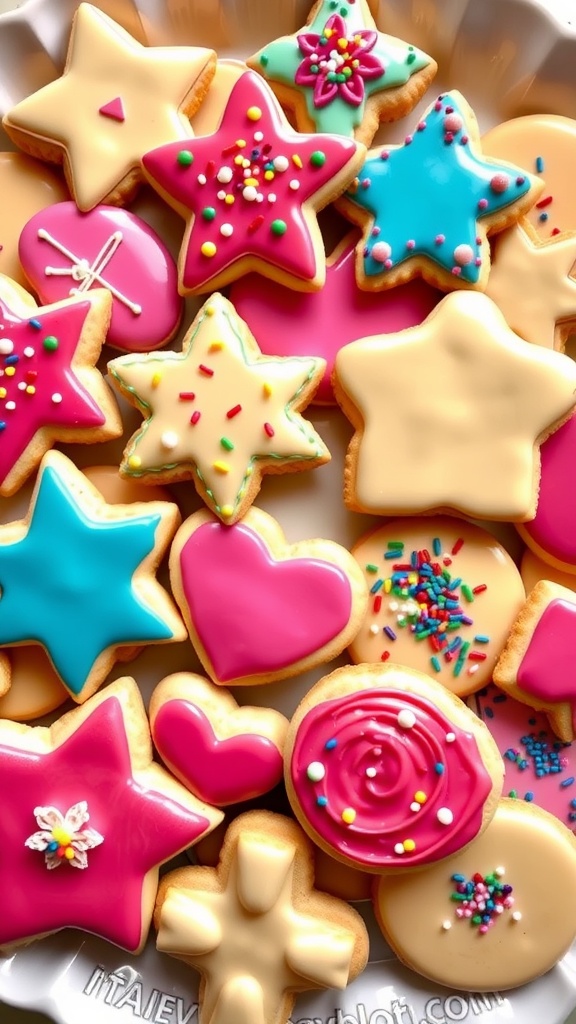 A colorful platter of decorated sugar cookies in various shapes and designs.